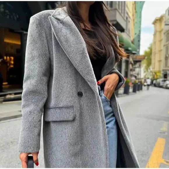 Gray Faux Fur Coat Women Luxury Soft Plush Jacket Elegant Outerwear - Picture 3 of 10